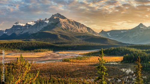 Saskatchewan River Crossing during Autumn golden hour of the Icefields Parkway