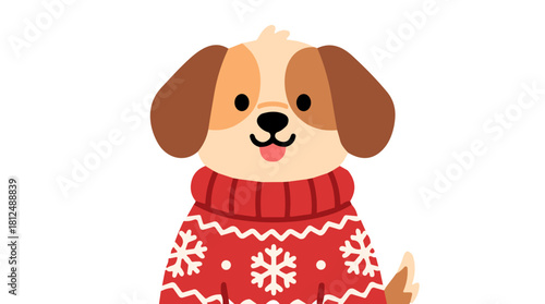 Cartoon dog wearing a red Christmas sweater with snowflakes  