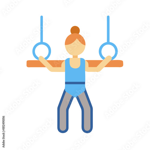 Flat graphic of gymnast performing on rings over black background