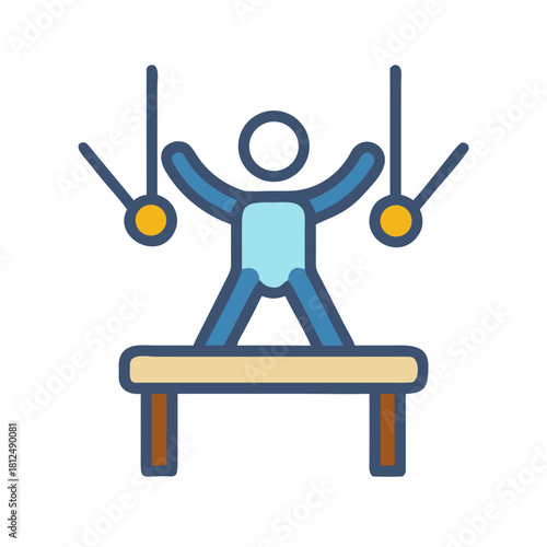 Simple line art of a gymnast performing on the rings and a balance beam