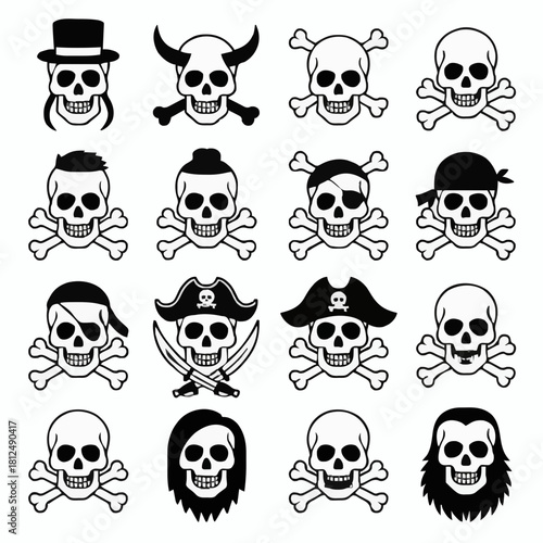 Pirate Skull and Crossbones Icons: A Set of 16 Unique Black and White Designs