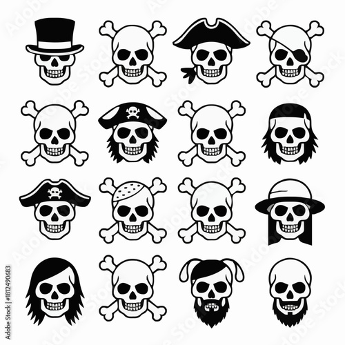 Set of 16 Skull and Crossbones Icons: Varied Pirate and Stylized Heads