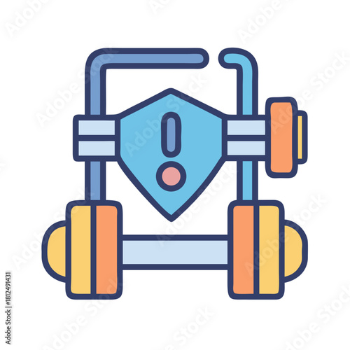 Vector icon representing industrial filtration system with exclamation mark and blue color scheme
