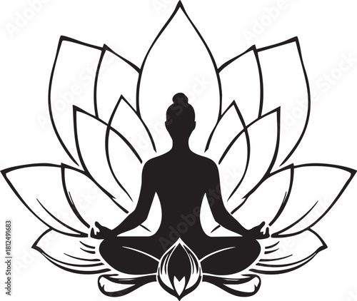 Woman Silhouette in Meditation Pose on Lotus Flower Petals Yoga Wellness Harmony Vector Illustration
