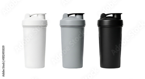 Wallpaper Mural Three protein shaker bottles in white gray and black color Torontodigital.ca