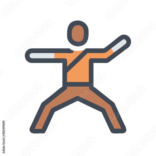Stylized figure in martial arts pose, isolated on black background for athletic design