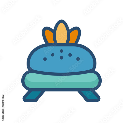 Illustrated stylized throne seat with soft blue hues and golden crown motif