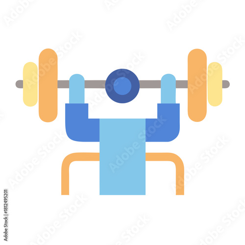 Flat vector icon of a person lifting a barbell overhead for strength training