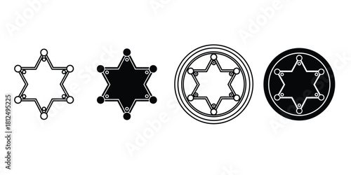Sheriff star badge collection in black and white outlines and silhouettes