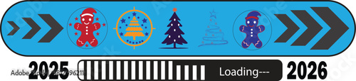 2025 to 2026 New Year loading bar banner with Christmas icons, festive holiday countdown and progress design