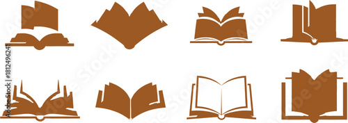 Set of brown open book icons and logos, representing education, knowledge, reading, and learning