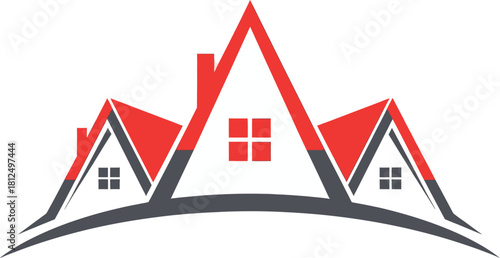 Real estate logo with three stylized houses, red roofs, and dark grey bases, representing residential property and housing