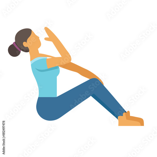 Flat illustration of woman in sit-up pose, fitness and exercise concept