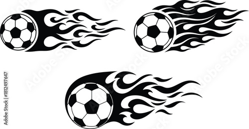 Dynamic illustration of three black and white soccer balls with fiery flames trailing behind them conveying speed power and intense action on a clean white background