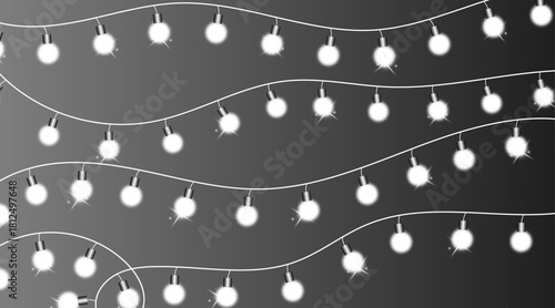 White glowing string light bulbs hanging on curved cables with soft sparkle effects against a smooth grey gradient background