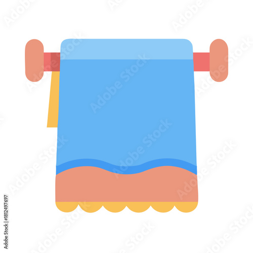 Blue towel on a wooden rack, flat design, home object isolated on black