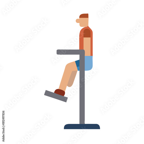 Flat vector art of man exercising on seated leg press on black background