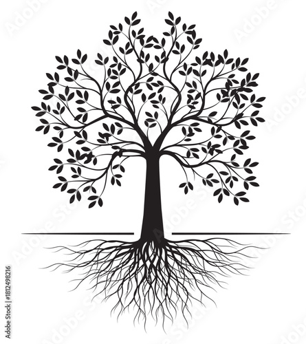 Shape of black Tree with Leaves and Roots. Outline Illustration.