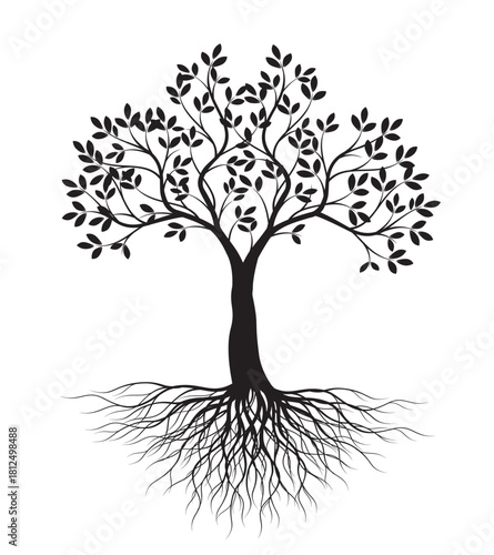 Shape of black Tree with Leaves and Roots. Outline Illustration.
