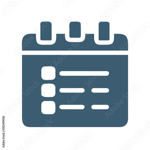 Blue calendar icon with list on a black background. Flat graphic design