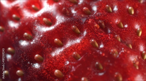 extreme macro of strawberry surface red glossy texture visible seeds juicy highlights hyper realistic food detail