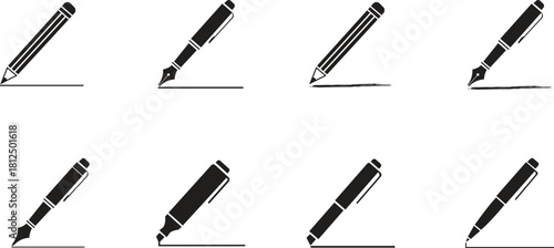 Various pen types drawing line black and white set