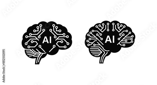 Two brains composed of circuit patterns and labeled with ai text