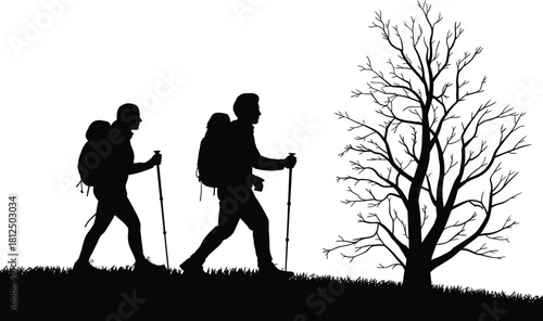 Hiking silhouette illustration, outdoor trekking scene, nature adventure concept, black figure with backpack, tree landscape design, travel activity icon