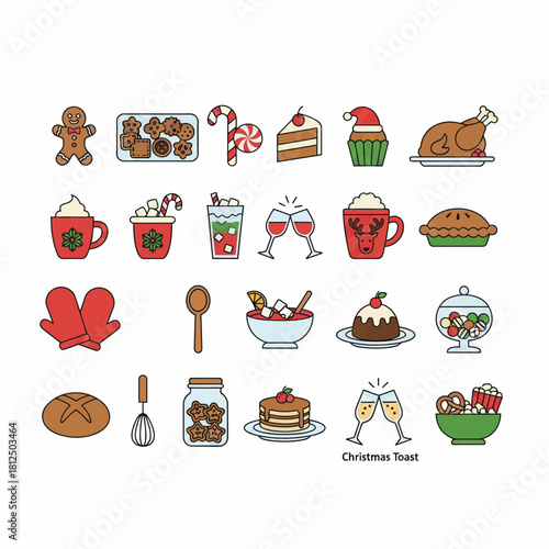 Christmas food and beverage icon collection with gingerbread cookies candy canes cake cupcake turkey hot cocoa drinks champagne pie pudding and festive treats