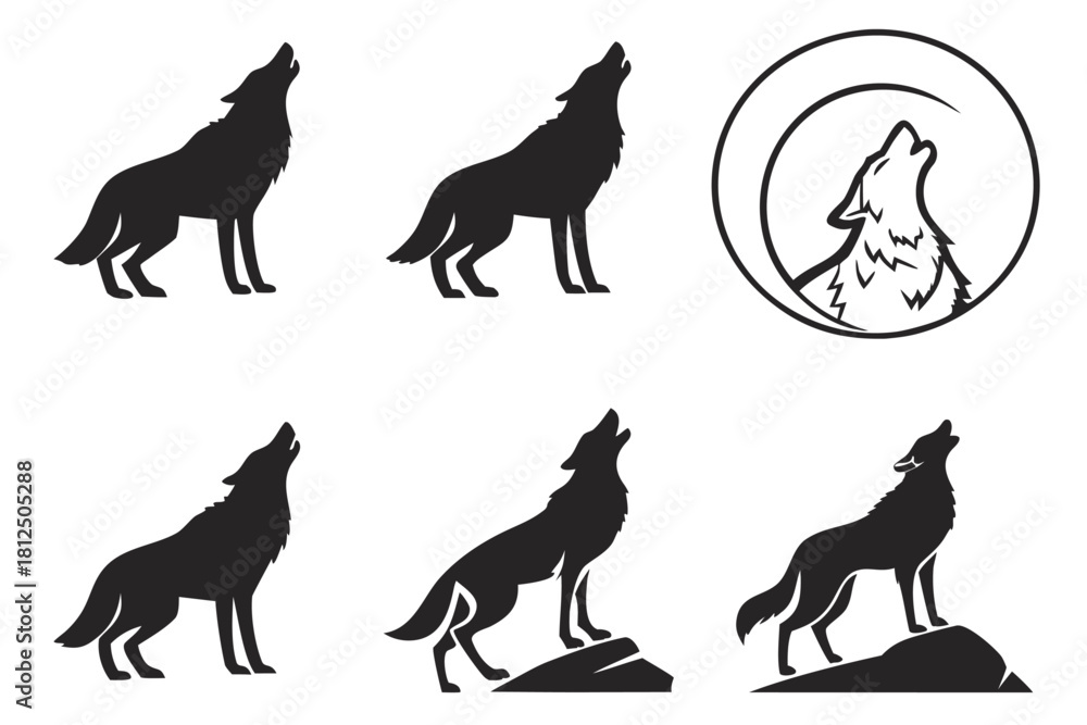 Fototapeta premium Minimalist wolf howling icon set with vibrant colors