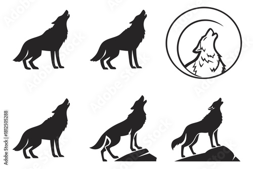 Minimalist wolf howling icon set with vibrant colors