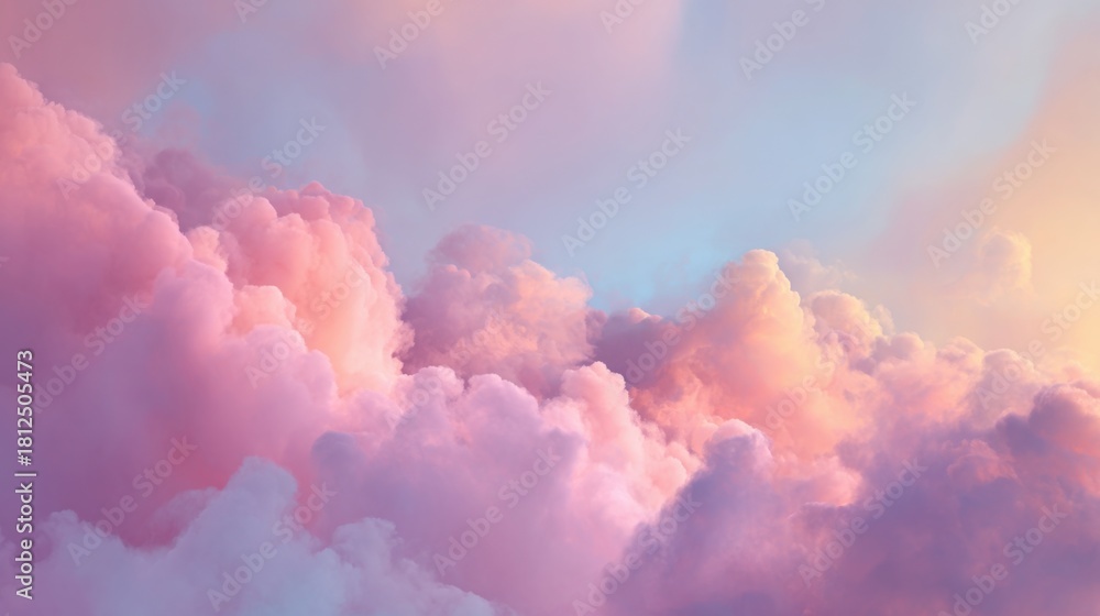 Fototapeta premium Floating layers of pastel clouds with soft depth, airy cotton textures, luminous haze, delicate sky like tones, smooth transitions between pink, baby