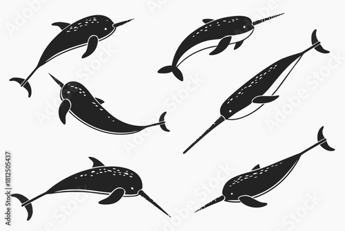 Minimalist narwhal swimming icon set with ocean elements