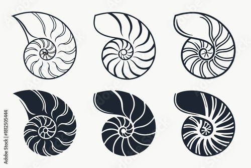 Minimalist icon set featuring nautilus shell and abstract elements