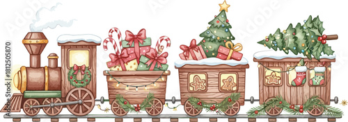 Whimsical vintage style christmas train illustration carrying festive gifts and decorated evergreen trees on a snowy railway track perfect for holiday greetings and seasonal decorations