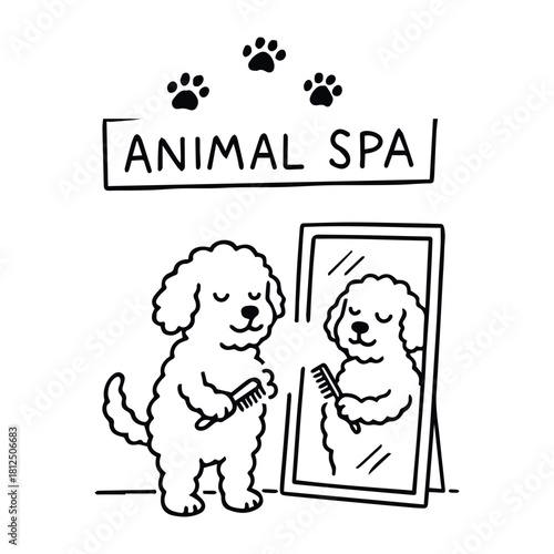 Black-and-white cartoon illustration of dog grooming in front of mirror with comb, paw prints, and “ANIMAL SPA” sign