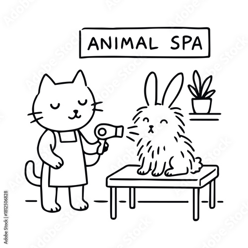Black-and-white cartoon illustration of cat grooming fluffy rabbit with hairdryer and apron under “ANIMAL SPA” sign in whimsical pet care theme