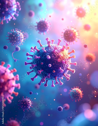 A vivid 3D illustration of colorful, spiky virus particles floating in a soft gradient background, with detailed surface proteins and a glowing, dynamic microscopic atmosphere.