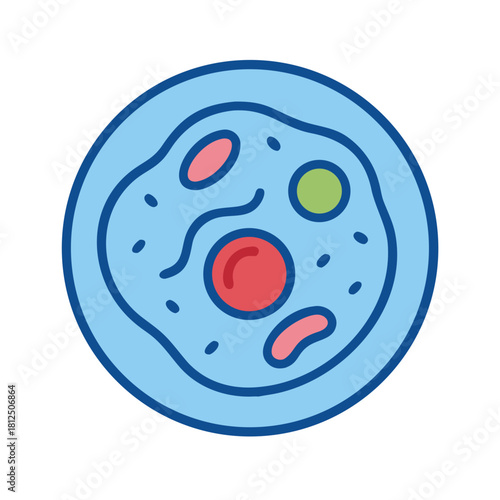 Colorful cell illustration featuring nucleus, organelles, and cell membrane in a light blue environment