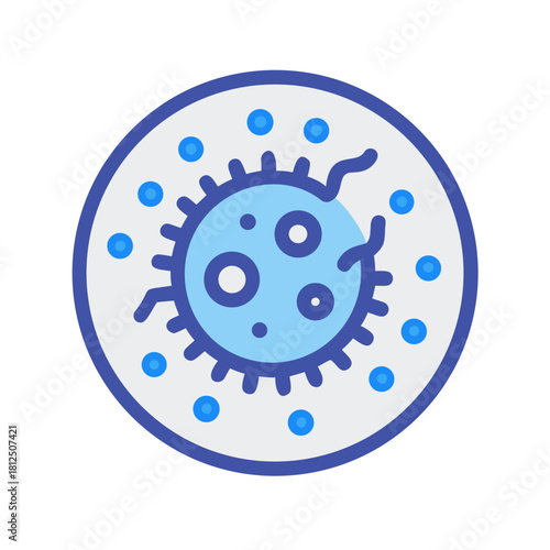 Stylized illustration of a blue pathogen within a petri dish environment