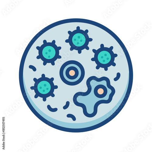 Petri dish illustration featuring viruses, cells, and possible microorganisms on a surface