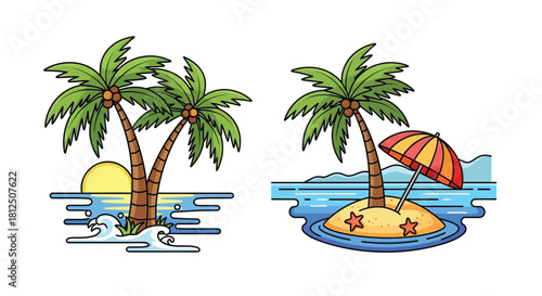 Two tropical island scenes with palm trees sunset and beach umbrella