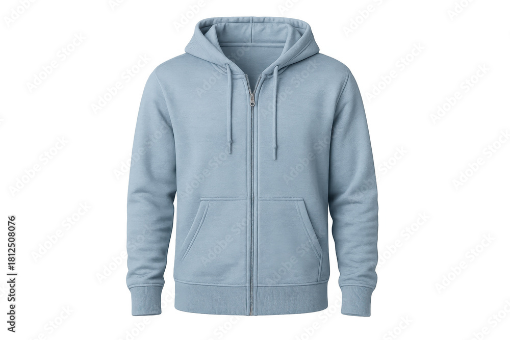 Fototapeta premium Light blue zip-up hoodie with a hood and long sleeves, showing comfortable casual apparel for fashion, mockups, and everyday wear