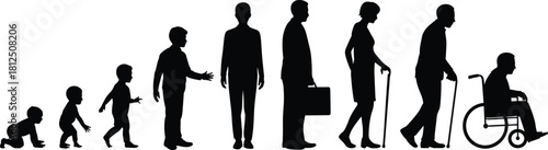 Silhouette, human, life, stages, aging, development, people, posture, growth, mobility, transition, vector, illustration, abstract, design, black, white, identity, generational, timeline