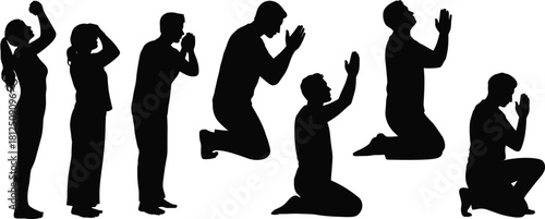 Silhouette, prayer, posture, worship, devotion, spiritual, gesture, kneeling, standing, bowing, people, vector, illustration, abstract, design, black, white, humility, faith, religion