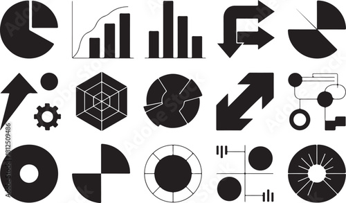 Collection of Black and White Business and Data Icons Keywords: pie chart, bar graph, line graph