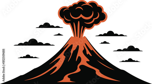 Colorful illustration of an erupting volcano with clouds eruption lava