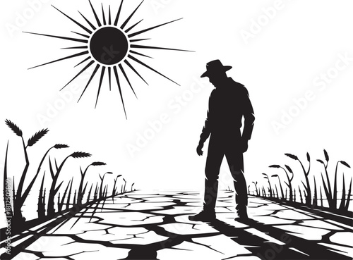 Farmer silhouetted against cracked earth and sun in a dry field drought