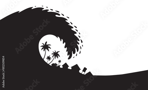 Giant Wave Crashing Over Tropical Village Silhouette tsunami ocean