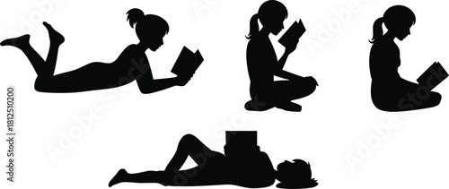 Silhouette, reading, posture, book, people, lying, sitting, relaxed, leisure, education, study, vector, illustration, abstract, design, concentration, personal time, cross-legged, comfortable, casual